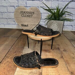 Musse & Cloud Womens Size 7 Sandals Brown Leather Perf Buckle Slide Flats EU 38